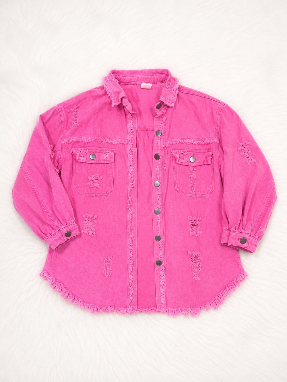 Hot Pink Distressed Denim Shacket Jacket Small Barbiecore Oversized Frayed